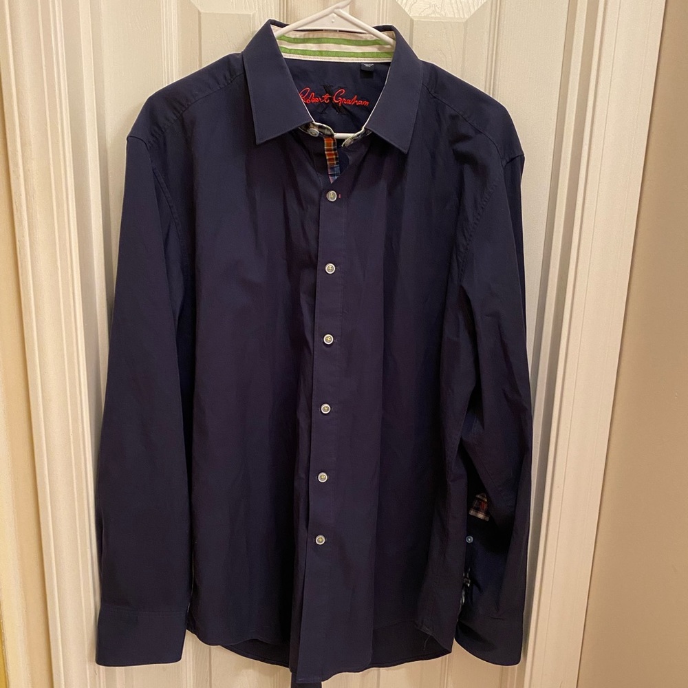 Robert Graham Flip Cuff Button Down Long Sleeve Shirt career preppy office navy
